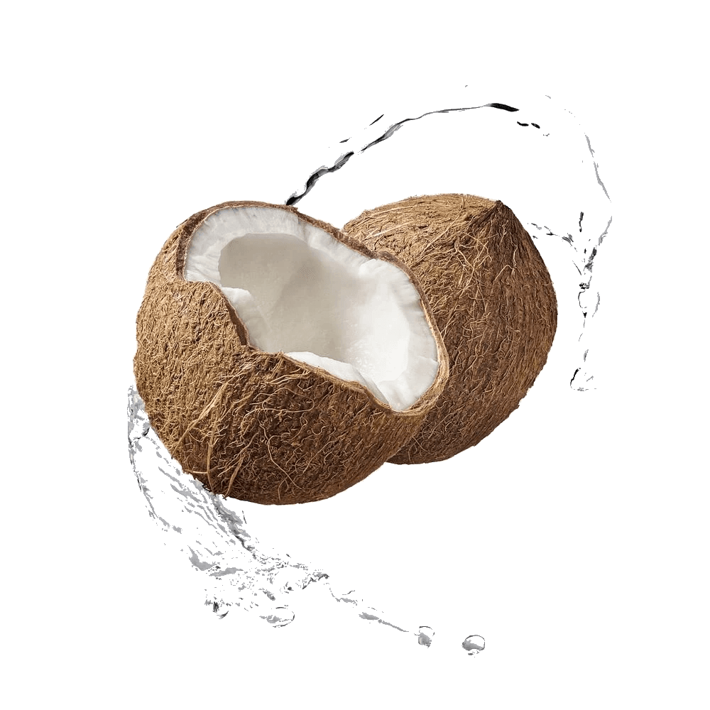 Fresh coconut cracked open with a splash of coconut water